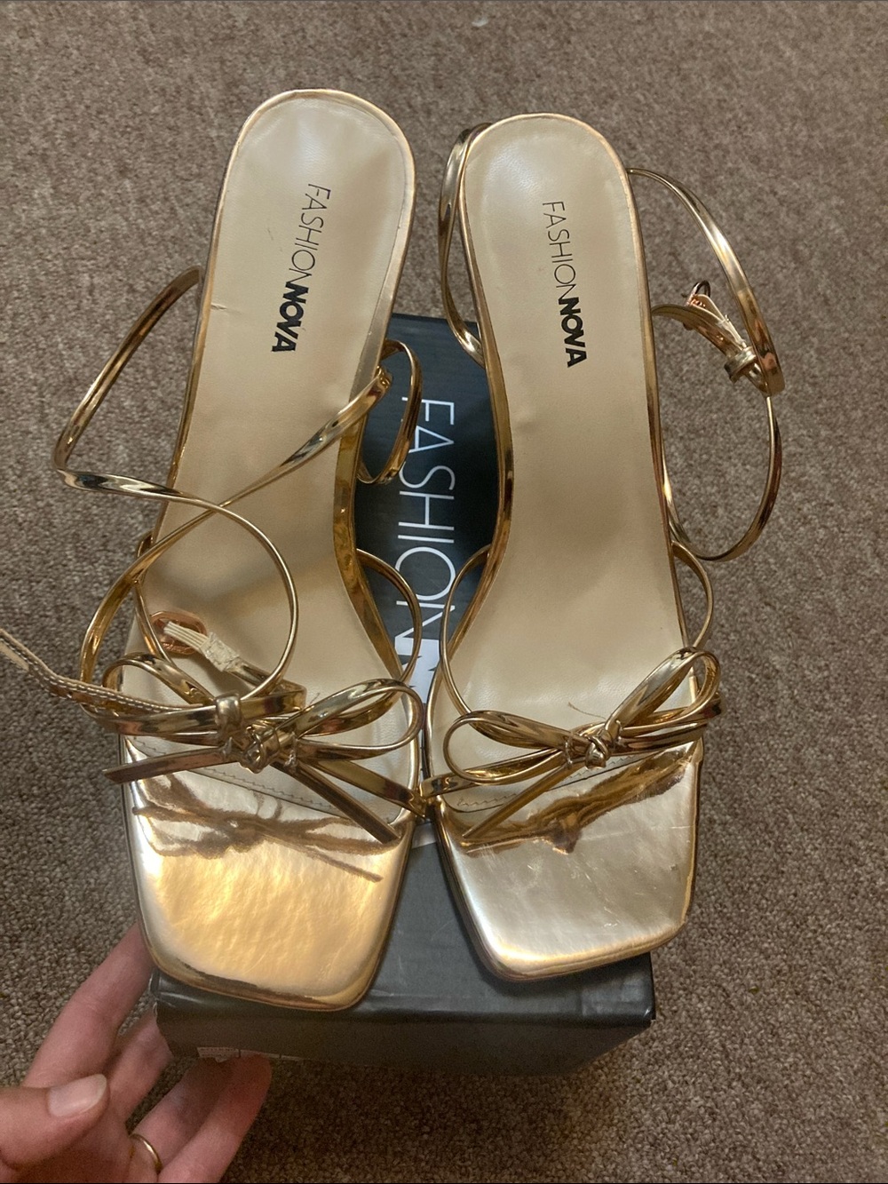 Fashion Nova Metallic Rose Gold Bow-Strap Stiletto Sandals